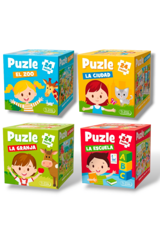 Puzzle Cubo 24 Piezas Grandes 4 Motivos - Ciudad, Escuela, Zoo y Granja